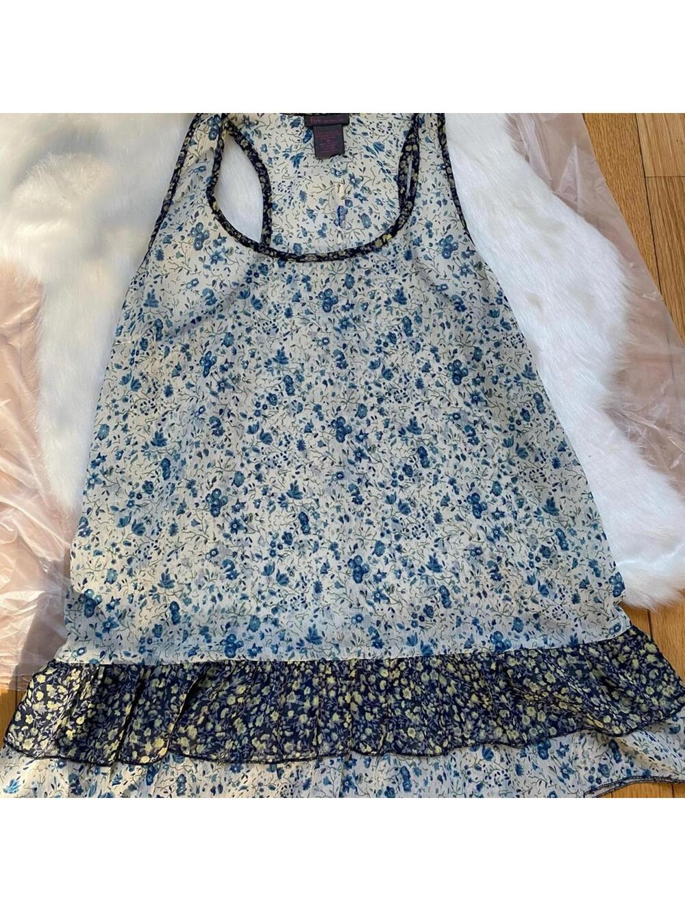 Fire Los Angeles Asymmetrical Blue Flower sheer Tank Top M